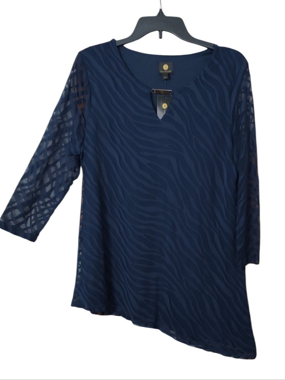 New JM Collection Navy Textured Asymmetrical Tunic Top Sz Large